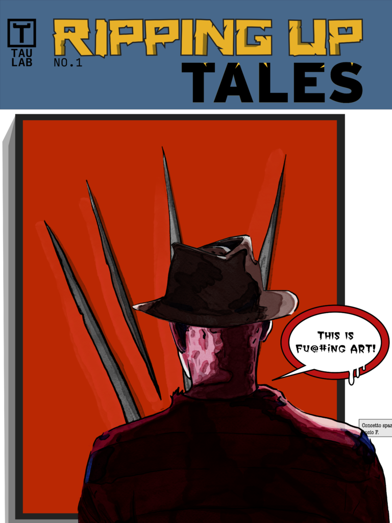 Muro en el que se exhibe una obra plástica del artista Lucio Fontana. Frente a la obra, dándole la espalda al espectador, se encuentra Freddy Krueger, el célebre personaje de sombrero oscuro. A la derecha de la cabeza del personaje hay un globo de diálogo blanco con contorno negro. Dentro, en letras negras con un trazo grueso y algo irregular, se lee: “THIS IS FUKING ART!”